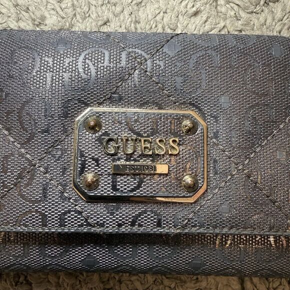 Guess Tri-Fold Faux Leather Wallet Charcoal Gray/Silver Monogram G‎ - Picture 14 of 16